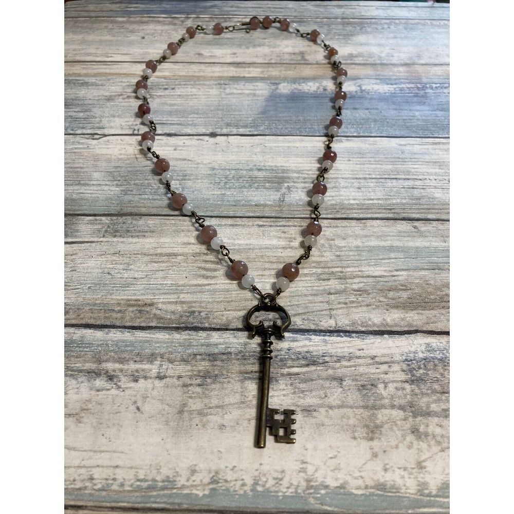 Amethyst and Quartz gemstone bead Necklace Key Artisan Made 26" pendant